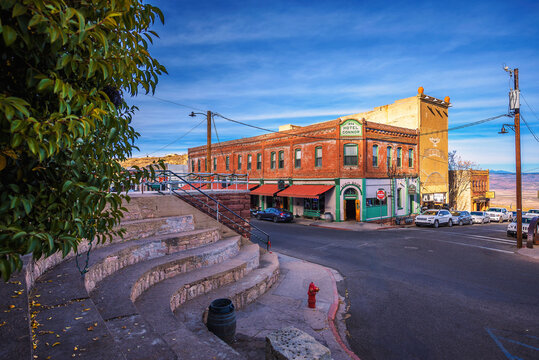 Jerome, Arizona, USA - January 1, 2018 : Historic Connor Hotel on the Main Street of Jerome located in the Black Hills of Yavapai County. It was a mining town and became a National Historic Landmark.