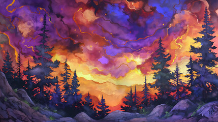 Vibrant Sunset Over Forest with Silhouetted Trees