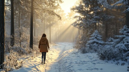 A young woman steps on a snowy path in a tranquil forest, bathed in soft morning light, symbolizing a peaceful new beginning.