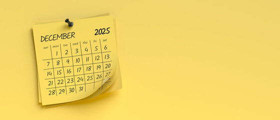 Naklejka premium December 2025 Calendar. Isolated on Yellow Background. 3d Rendering