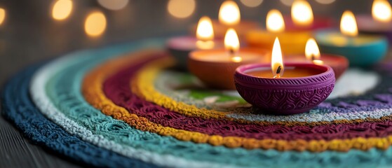 Colorful candles illuminate a vibrant rangoli design, creating a warm and festive atmosphere. Perfect for celebrations and rituals.