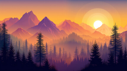 Vibrant Sunset Over Forest with Silhouetted Trees