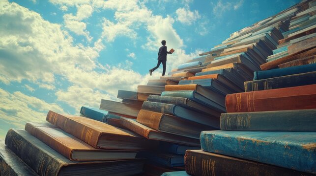 A person climbs a staircase made of floating books with an open sky above, symbolizing the pursuit of knowledge and a new chapter in life.