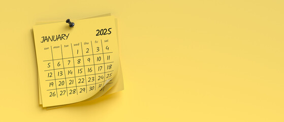Naklejka premium January 2025 Calendar. Isolated on Yellow Background. 3d Rendering