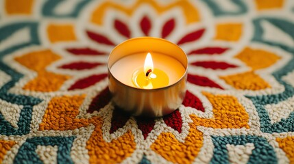 A serene candle burning on a colorful patterned fabric, creating a tranquil ambiance and enhancing the cozy atmosphere.