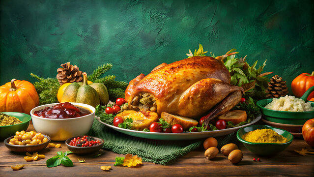 Thanksgiving feast with turkey and sides on green backdrop with copy space, Thanksgiving, feast, turkey