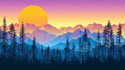 Vibrant Sunset Over Forest with Silhouetted Trees