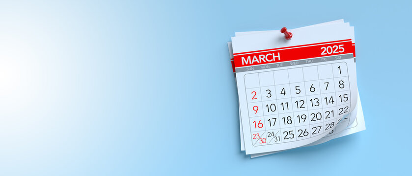 March 2025 Calendar. Isolated on Blue Background. 3d Rendering