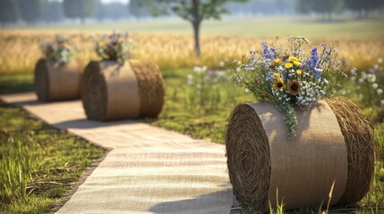 Rustic outdoor wedding with hay bales, burlap runners, and wildflowers in a countryside field, with natural sunlight and a country vibe.