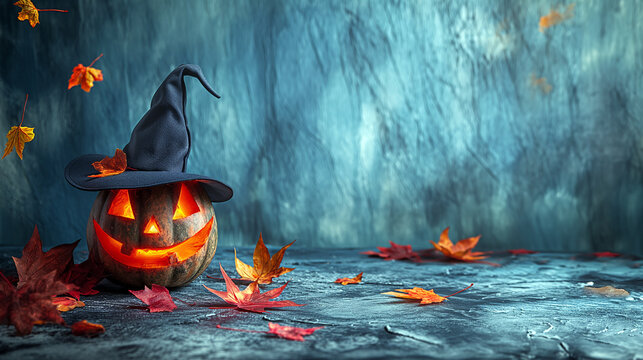 Minimalist Halloween Scene with Pumpkin and Witch Hat