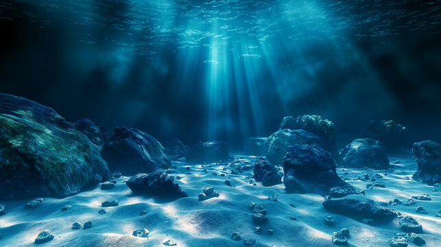 Deep Sea Underwater Scene with Rocks on the Seabed