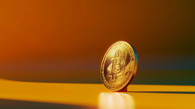 Golden Bitcoin Cryptocurrency with Minimalist Orange Backdrop