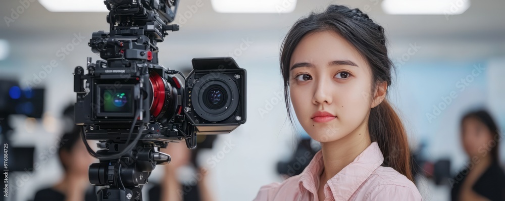 Wall mural Portrait of a young woman in front of a camera, representing the world of media and photography in a modern studio environment.