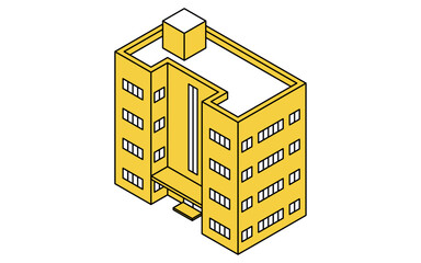 Four-story mid-rise apartment building, isometric illustration with simple line drawings