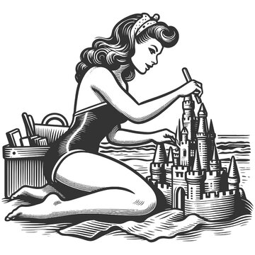recommend clip art: woman in a swimsuit building a sandcastle on the beach, seagulls and palm trees sketch engraving generative ai fictional character raster illustration. Scratch board imitation. Black and white image.
