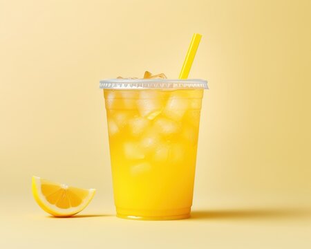 Summer lemonade in plastic transparent cup for takeaway, Lemonade to go
