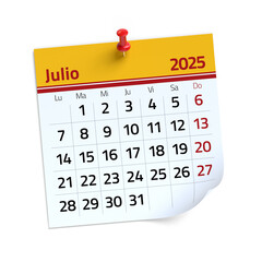 July Calendar 2025 in Spanish Language. Isolated on White Background. 3D Illustration