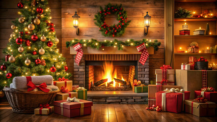 Cozy Christmas scene with fireplace, presents, and festive decorations, Christmas, holiday, celebration, fireplace, gifts, ornaments