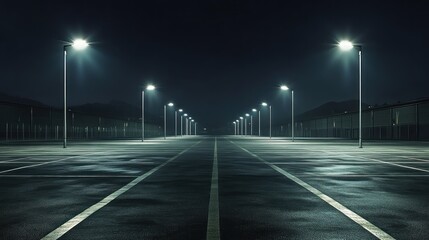 Empty parking lot at night with few streetlights, creating a quiet and deserted atmosphere, featuring low lighting and long shadows.