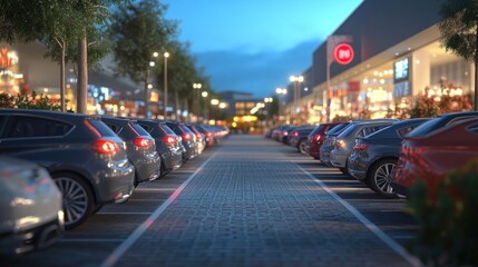 Parking lot at a shopping mall with cars parked orderly, outdoor setting with bright lighting and shopping center backdrop, featuring vibrant and busy atmosphere.