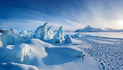 Ice formations on snowy landscape