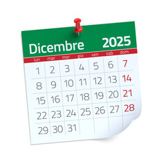 December Calendar 2025 in Italian Language. Isolated on White Background. 3D Illustration