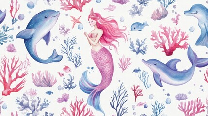 Watercolor mermaids, corals, seahorses, and dolphins for children's textiles.