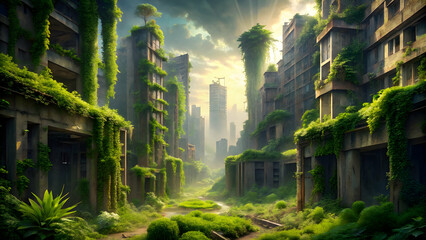Obraz premium Abandoned city debris with green plants growing in post-apocalypse setting , abandoned, city, debris, green plants