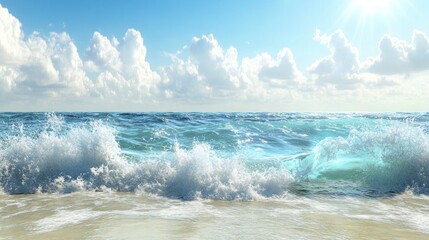 Fototapeta premium Ocean waves mural on a sea-themed wall with dynamic movement and bright colors, enhanced by natural sunlight, creating a fresh and lively look.