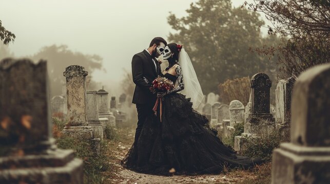 A couple in black wedding attire with skeleton face paint, posing in a foggy graveyard surrounded by tombstones and dead trees. The atmosphere is chilling and mysterious.