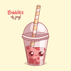 Cute glass of Bubble Tea with straw. Funny cartoon kawaii character drink. Vector illustration. Kids collection