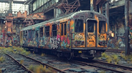 Fototapeta premium Graffiti-covered train car in a railyard surrounded by industrial equipment, capturing urban energy and creative expression.