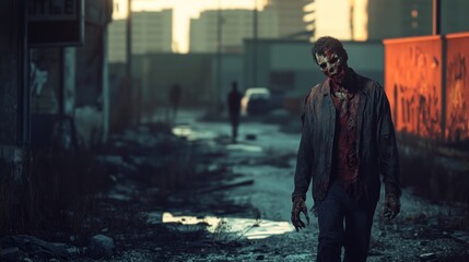 Decaying zombie walking through an abandoned city street at dusk, with an eerie and foreboding atmosphere.