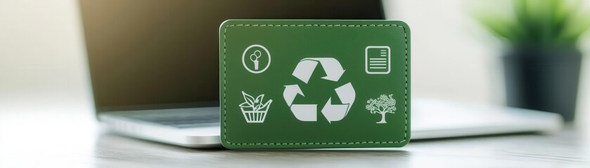 A green card with recycling symbols sits on a laptop, promoting environmental awareness and sustainability.