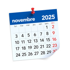 November Calendar 2025 in French Language. Isolated on White Background. 3D Illustration