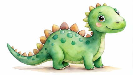 Obraz premium Cute green dinosaur in watercolor technique on white background, dinosaur, green, watercolor, clipart, cute, prehistoric