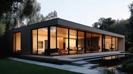 Obraz premium A minimalist modern home with clean lines and large windows.