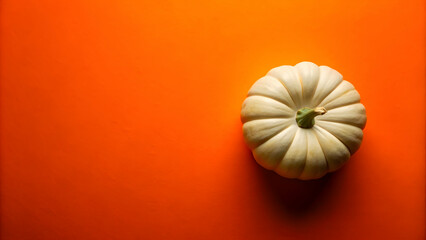 Obraz premium White pumpkin on orange background flat lay creative , autumn, harvest, fall, seasonal, decoration, halloween, festive