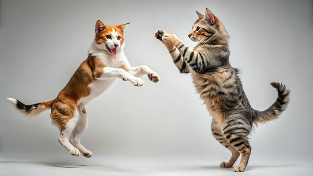 Cat and dog engaged in a playful jumping fight, animals, pets, fierce, playful, competition, furry, domestic, rivalry, energetic