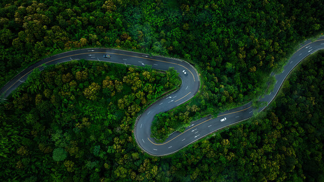 Road of No. 1095, Pai, Mae Hong Son, Chiang Mai Thailand aerial drone point of top view,