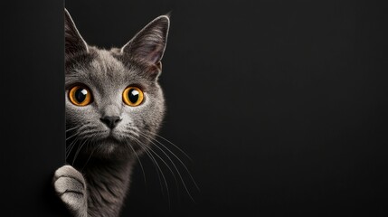 Cat food catalog cover gray cat peeking simple modern on a plain black background. Clean and stylish design makes it perfect for contemporary pet product catalogs.