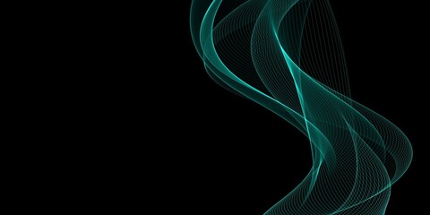 Dark abstract background with glowing green wave. Shiny moving lines design element. Elegant dynamic wavy lines. Modern futuristic technology concept