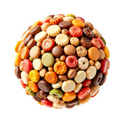 Assorted colorful cookies stacked in a sphere on white background