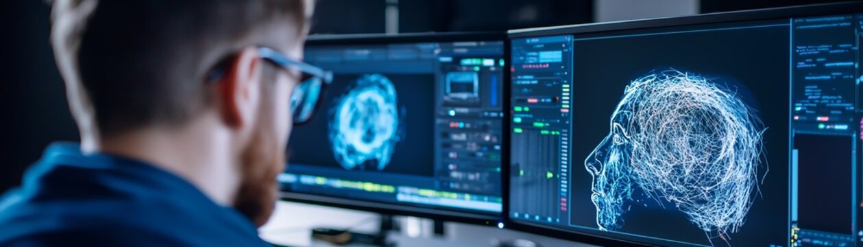 A focused individual analyzes intricate data visualizations on dual monitors, exploring advanced technology and human cognition.