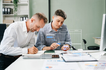 Businessman team Project manager working and update tasks and Gantt chart scheduling virtual diagram.