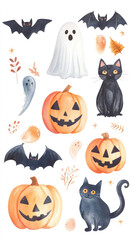 Watercolor Halloween set with spooky pumpkins, black cats, bats, and decor on white background.