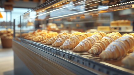 A display case filled with Italian cannoli in a bright, modern bakery, capturing the vibrant and inviting atmosphere of the bakery shop.