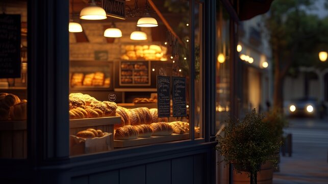 A cozy bakery in the evening, glowing warmly with lights, showcasing freshly baked bread in the window.