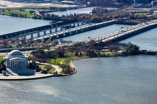 Late fall aerial view overhead the Thomas Jefferson Memorial, Tidal Basin, West Potomac Park, Washington DC