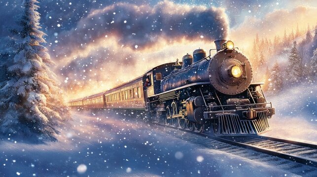 The Polar Express journeys through a snowy landscape, steam billowing from the engine as children gaze out in excitement, surrounded by festive decorations.